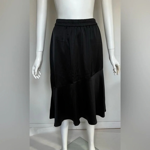 AWARE Womens Black Ruffle Hem Satin Elastic Waist Long A Line Skirt Sz. S NWOT - Picture 1 of 10